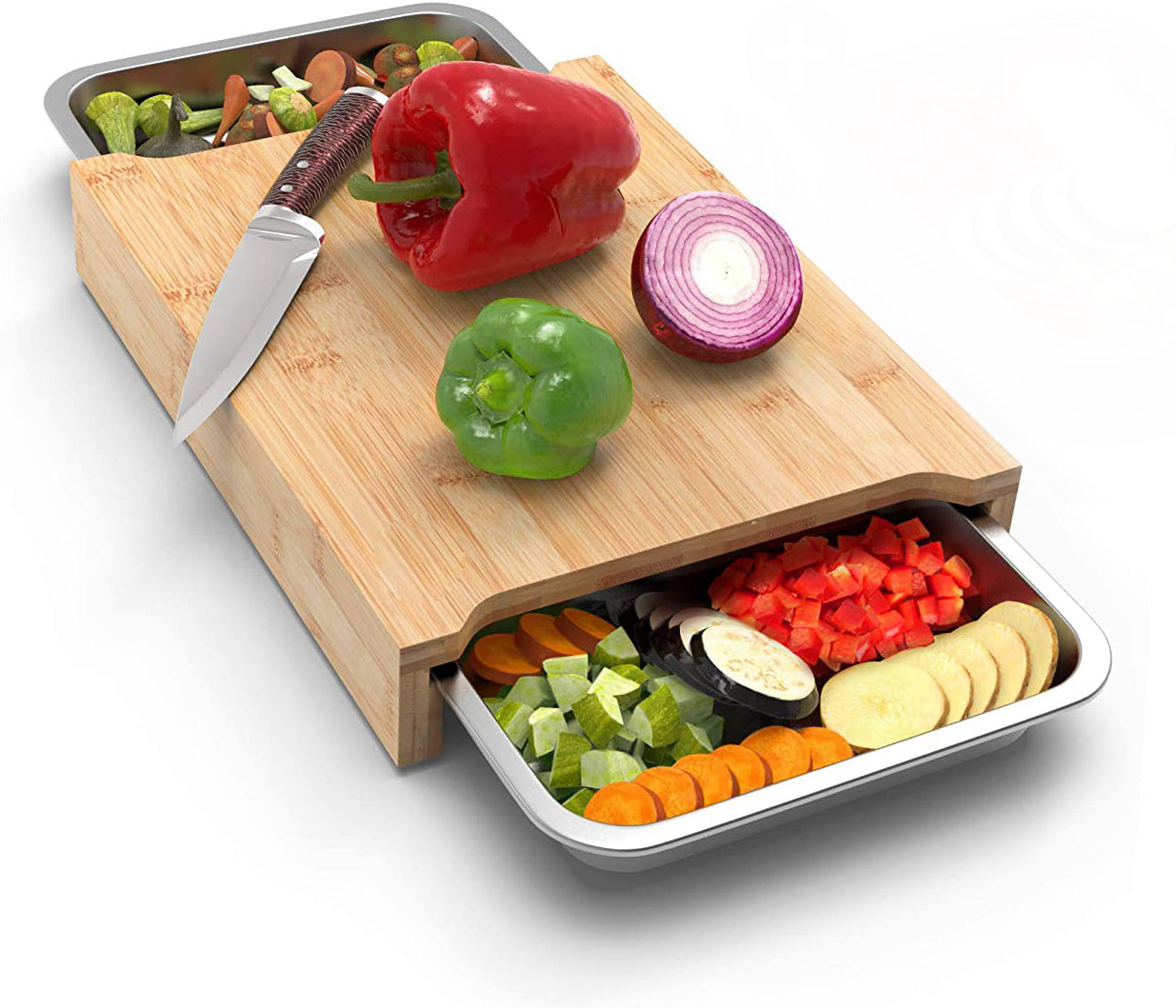 Bamboo Cutting Board with 2 Organizing Stainless Steel Trays - Concordia Style Boutique