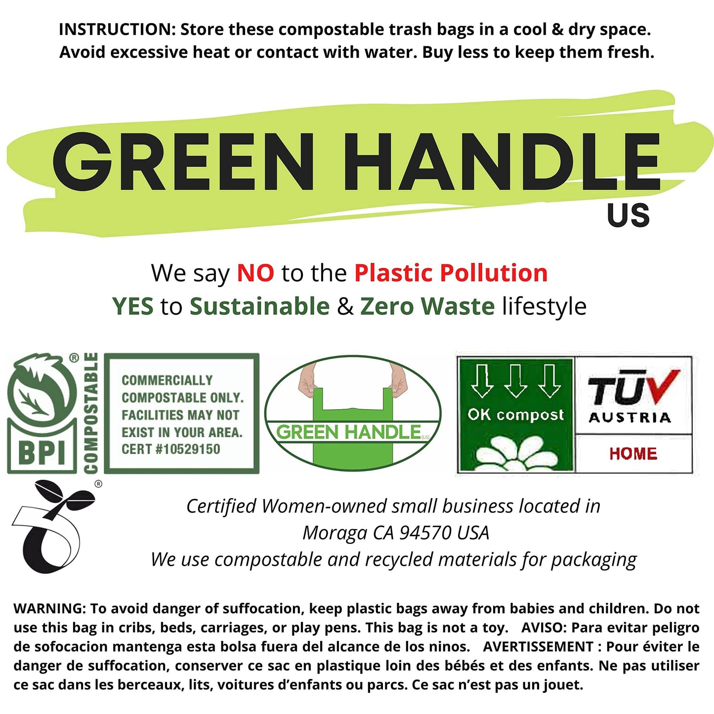 BPI certified 3 Gallon Compostable with Handle and Tie Kitchen Compost Bin Liner / Trash Bag - Concordia Style Boutique