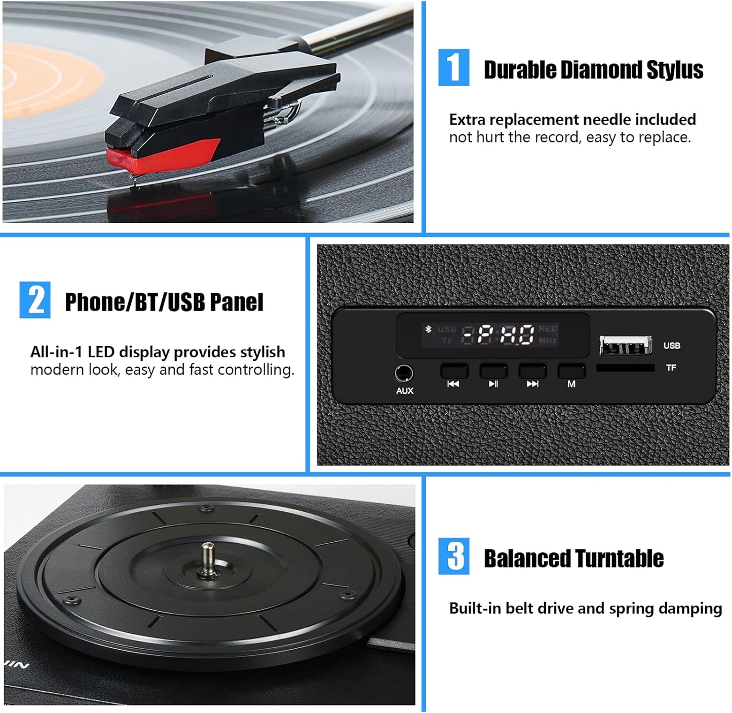 Vinyl Record Player - Turntable with Built-in Stereo Speakers, Vintage 3-Speed Turntable for Vinyl Records - USB and SD Recording with Bluetooth Music Playback, RCA Out and Digital Display - Premium Turntables from Concordia Style Boutique - Just $85.70! Shop now at Concordia Style Boutique