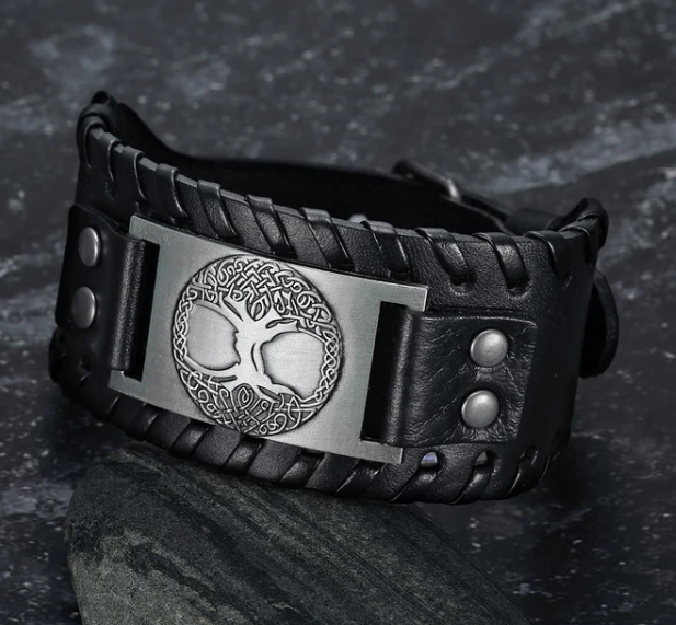 Asgard Crafted Leather Buckle Arm Cuff With Metal Celtic Tree Of Life Design - Concordia Style Boutique