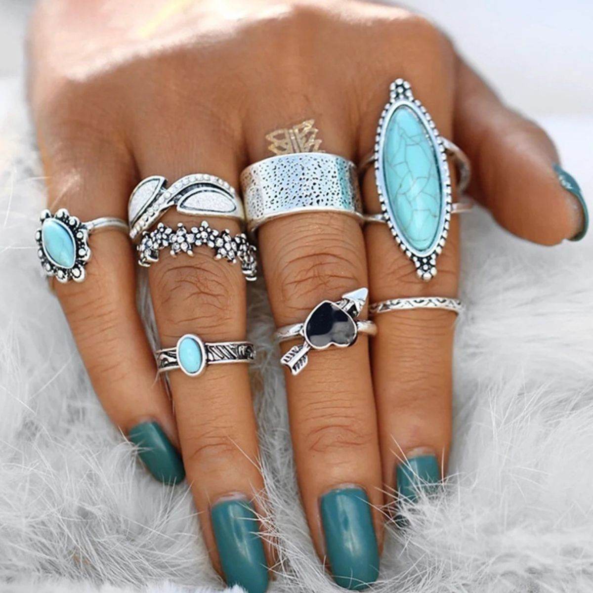 Turquoise Alloy 8-Piece Ring Set - Concordia Style Boutique