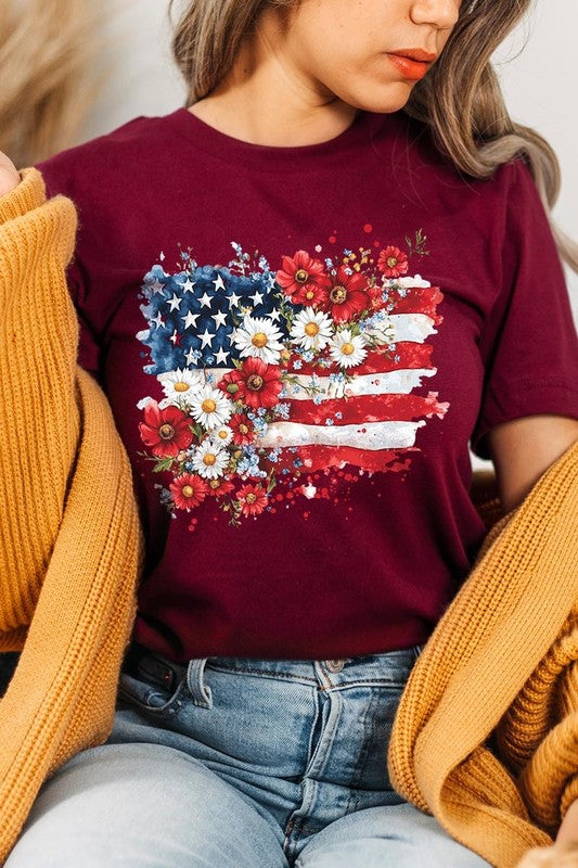 Floral American Flag Graphic Plus Tee