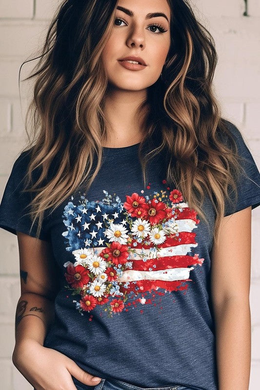 Floral American Flag Graphic Plus Tee