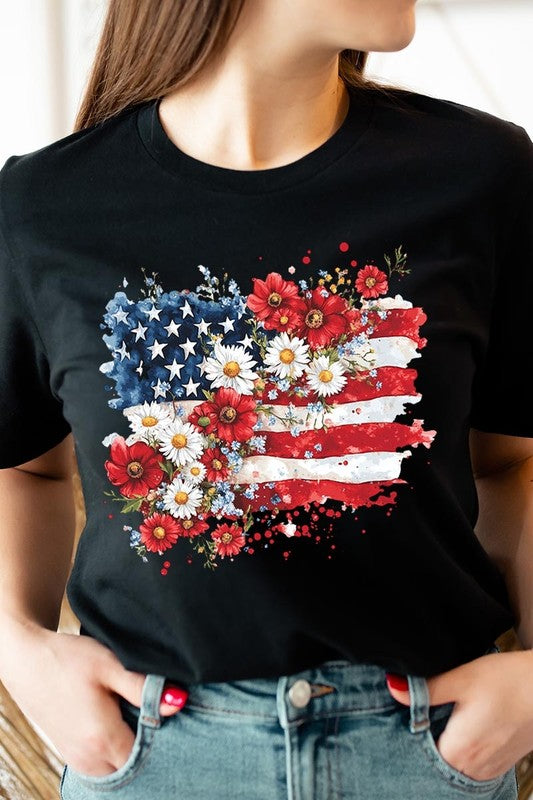 Floral American Flag Graphic Plus Tee