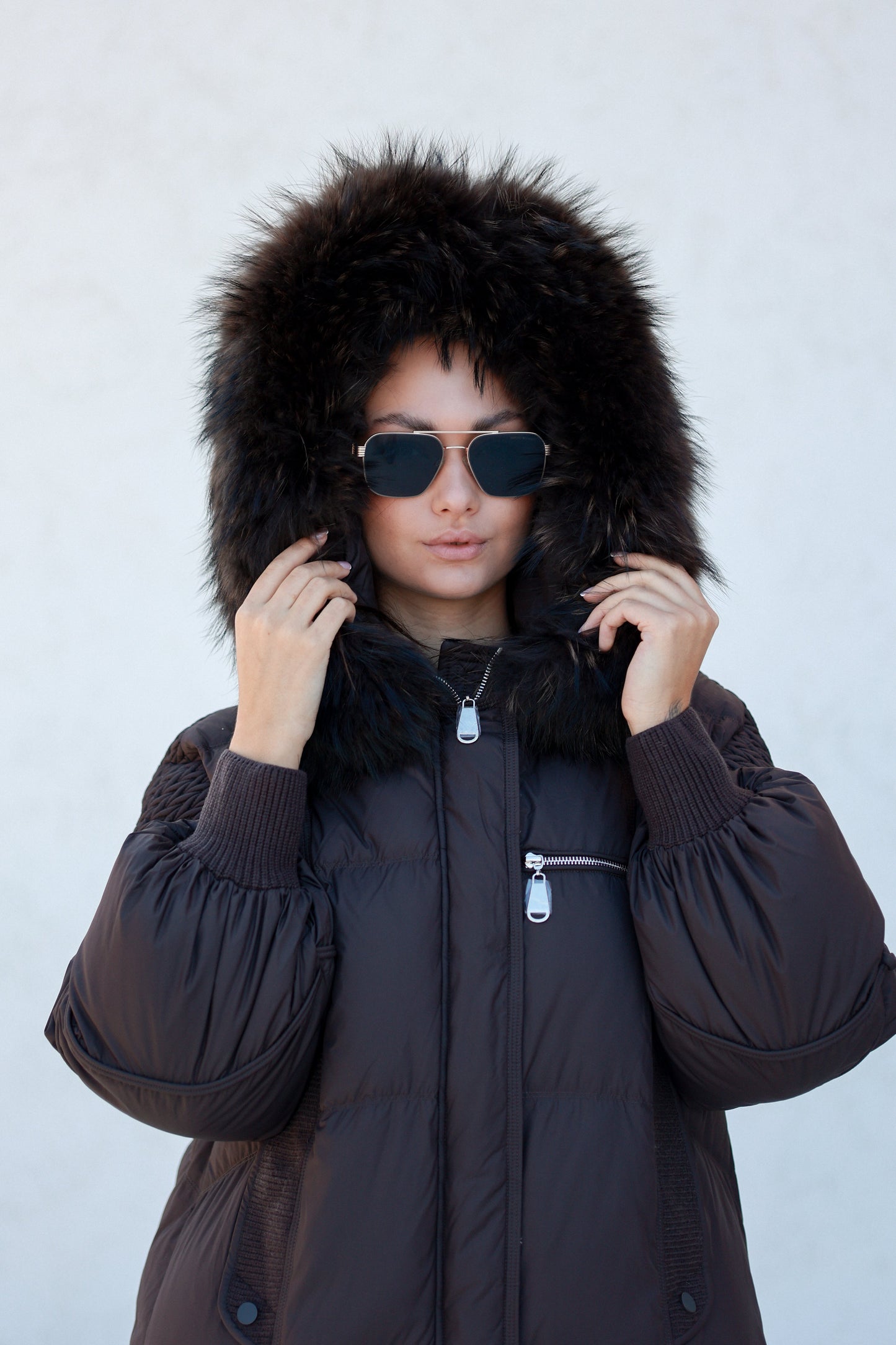 Dakota Genuine Fur Trim Down Fill Coat in Chocolate