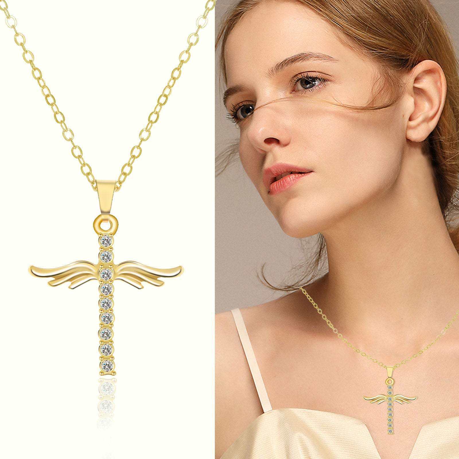 Simple Cross Diamond Angel Wings Pendant - Concordia Style Boutique