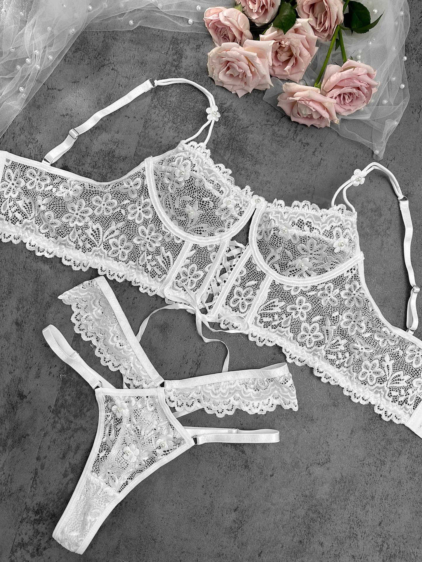 White Pearls Small Flower Lace Lingerie Set - Concordia Style Boutique