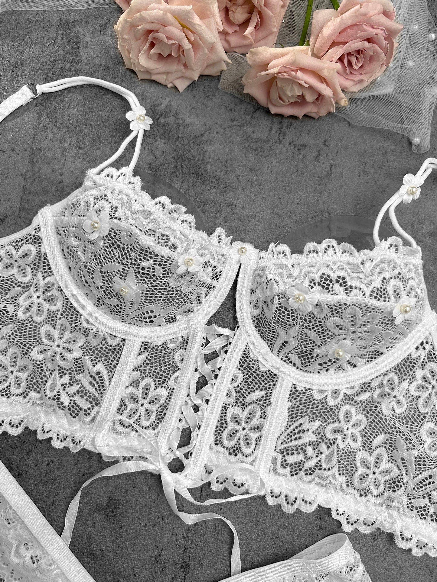 White Pearls Small Flower Lace Lingerie Set - Concordia Style Boutique