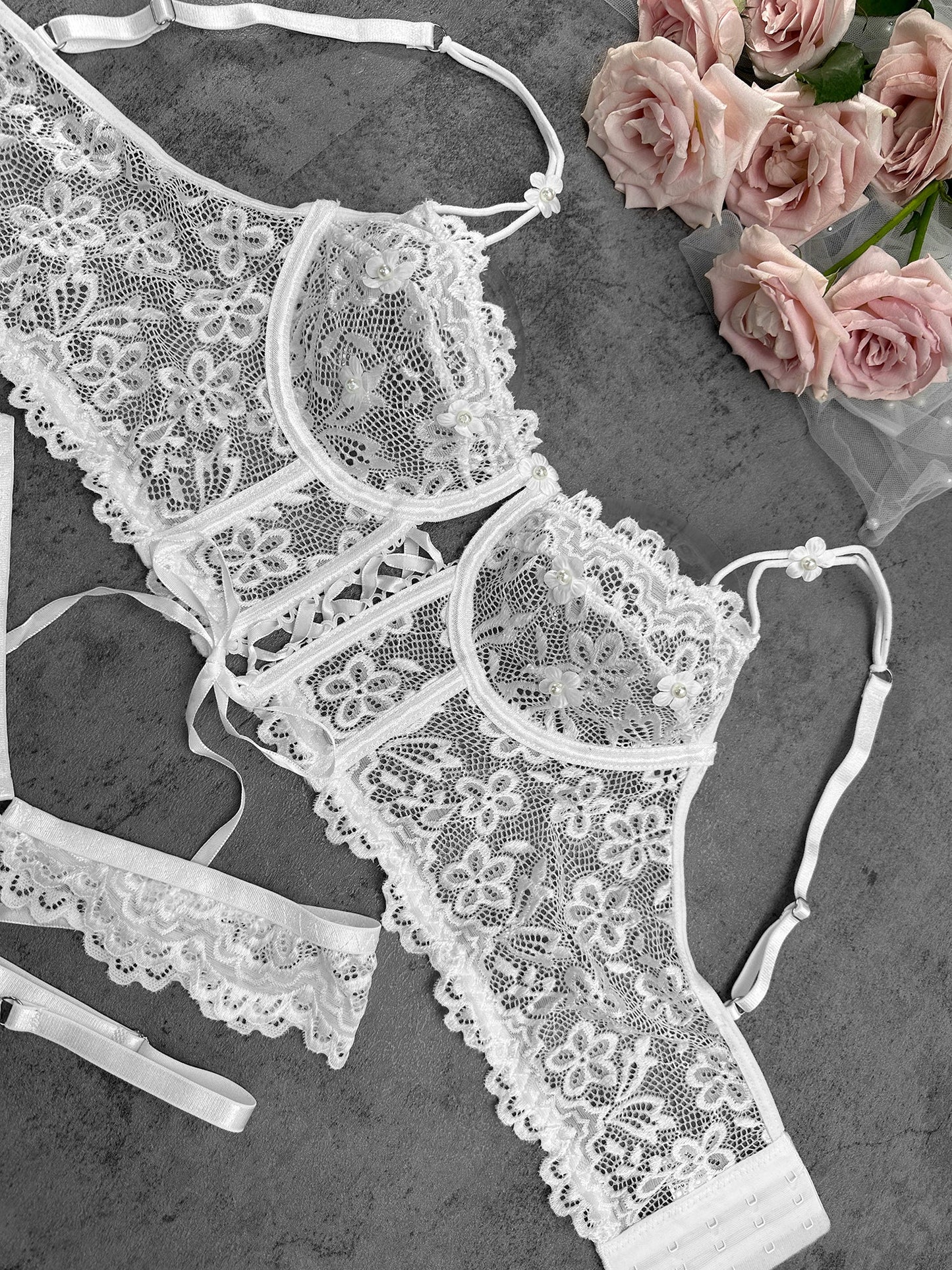White Pearls Small Flower Lace Lingerie Set - Concordia Style Boutique
