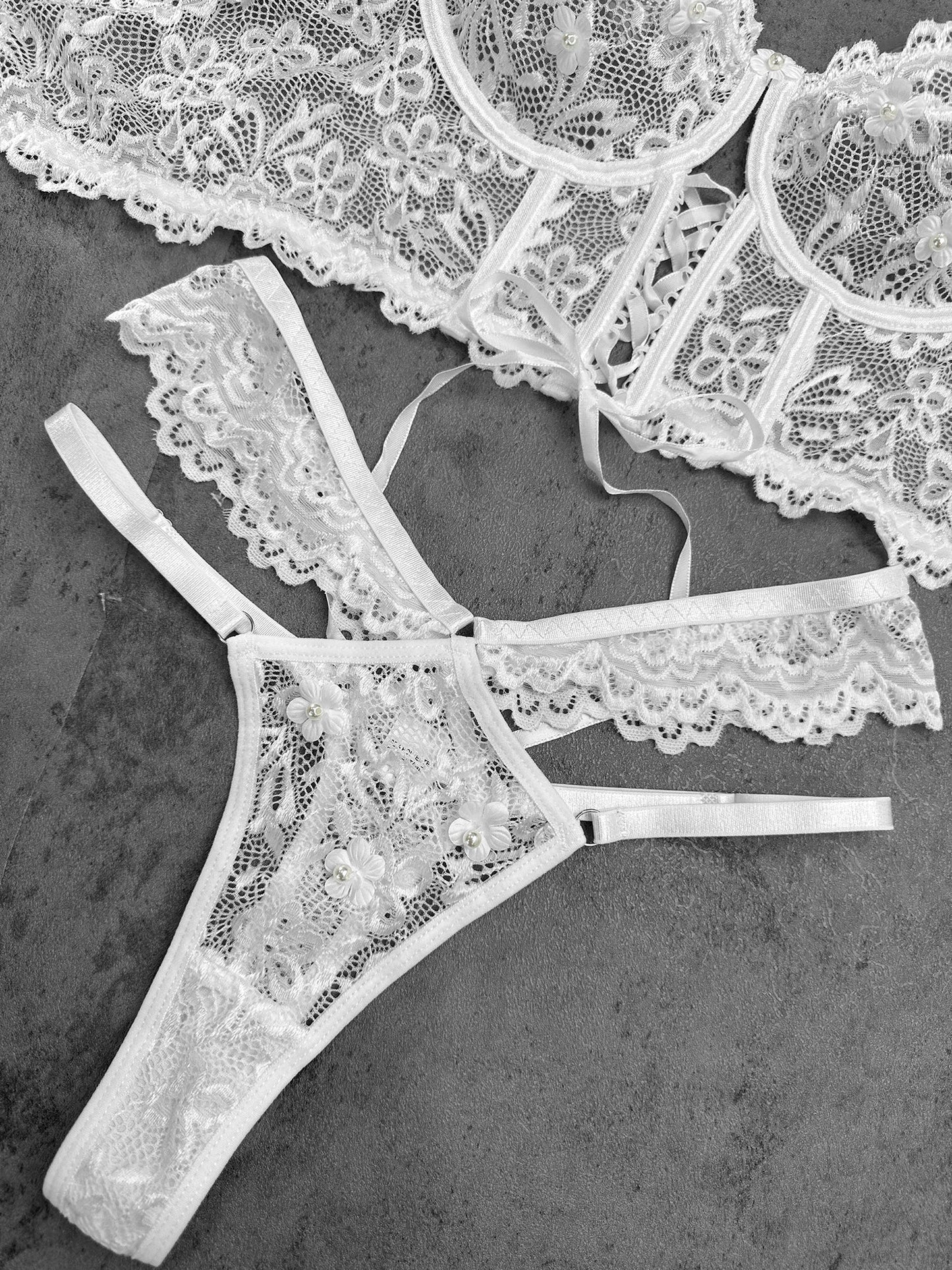 White Pearls Small Flower Lace Lingerie Set - Concordia Style Boutique