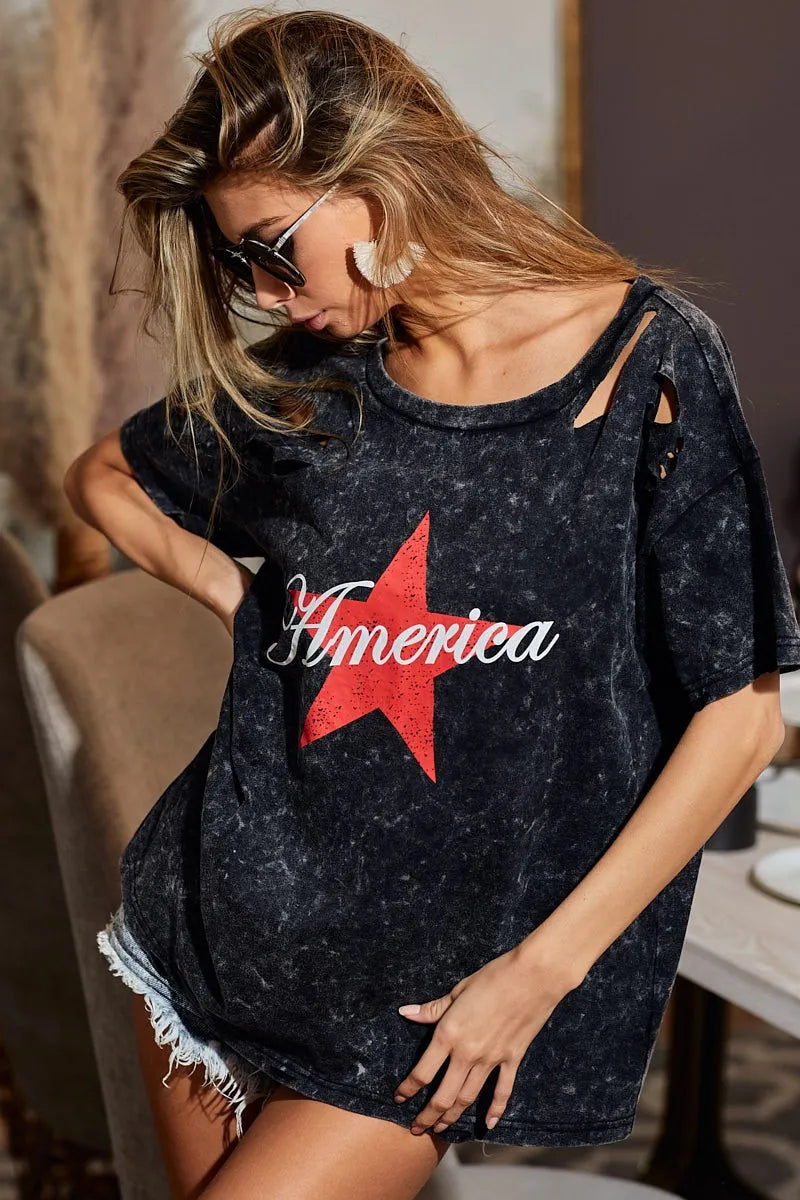 BiBi Laser Cut Mineral Washed Jersey Top with America in Black