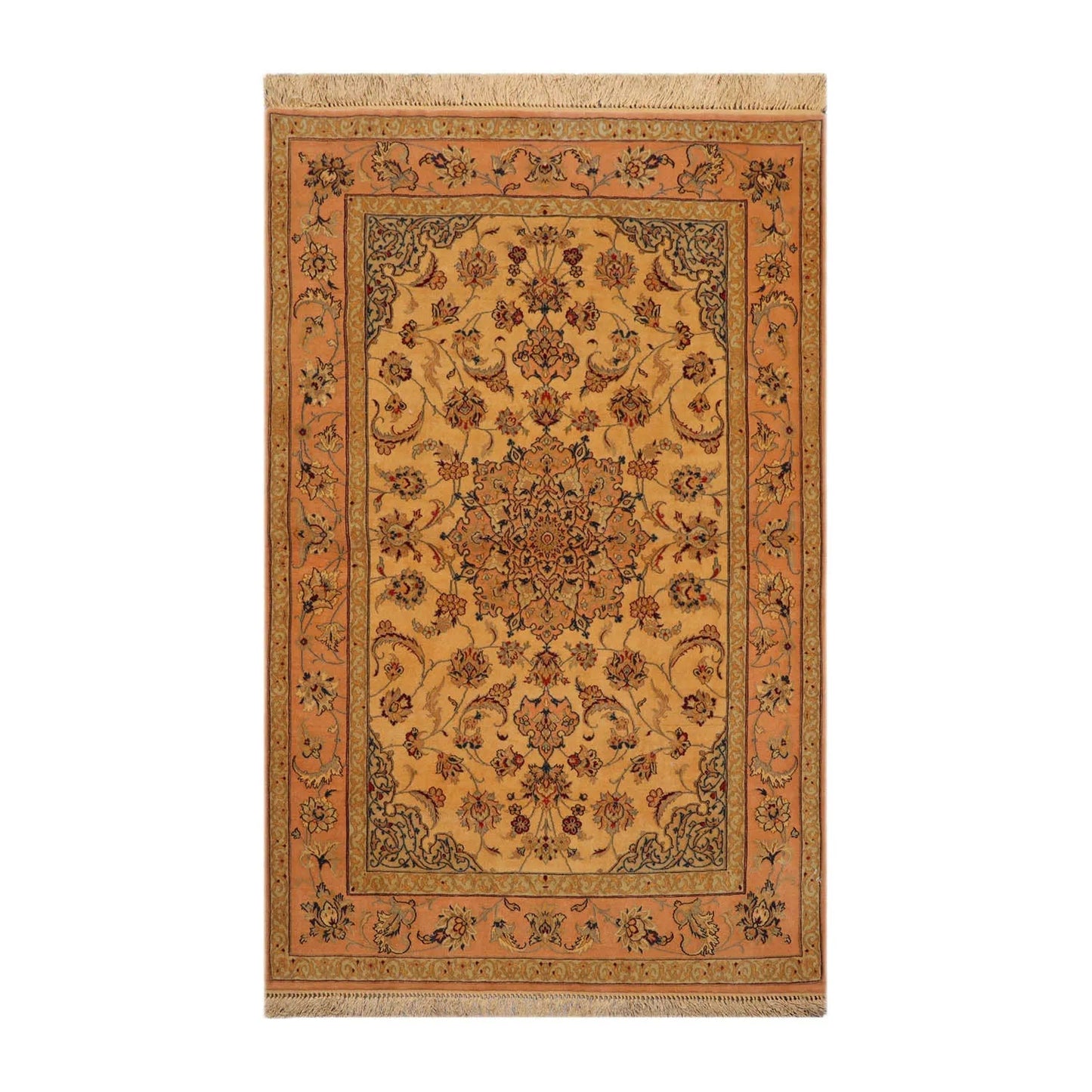 3' 1''x5' 2'' Hand Knotted 100% Pure Silk Traditional Isfahan with 400 KPSI Oriental Area Rug Gold, Peach Color - Concordia Style Boutique
