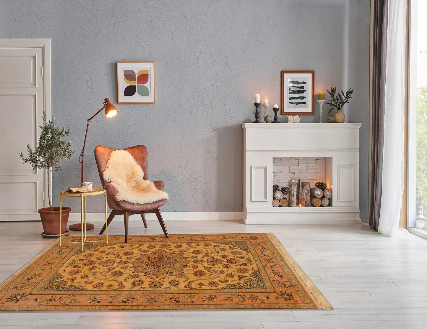 3' 1''x5' 2'' Hand Knotted 100% Pure Silk Traditional Isfahan with 400 KPSI Oriental Area Rug Gold, Peach Color - Concordia Style Boutique