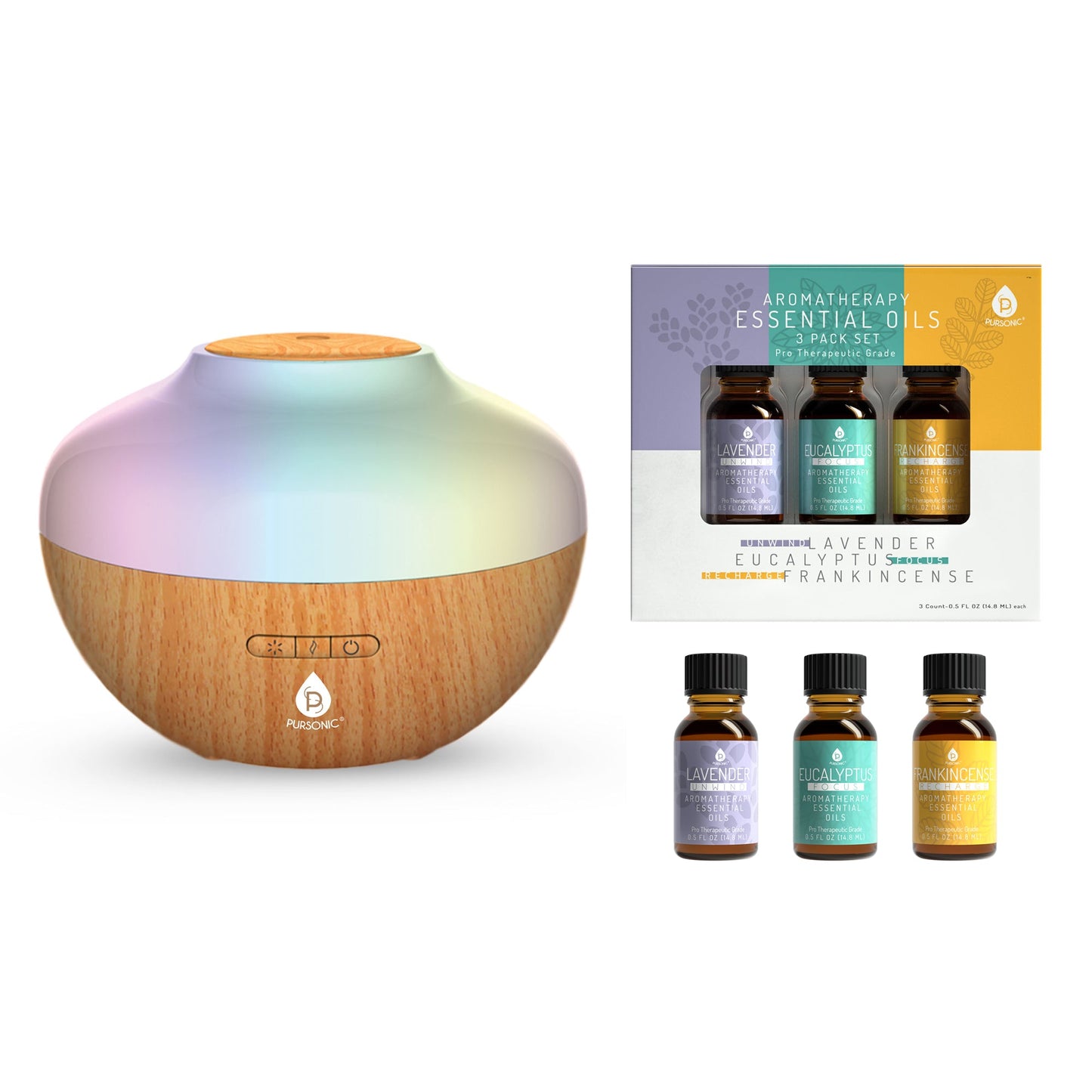 Pursonic Aromatherapy Diffuser & Essential Oil Set-Ultrasonic Top 3 Oils-300ml with 2 Mist Settings 7 Ambient Light Settings - Concordia Style Boutique