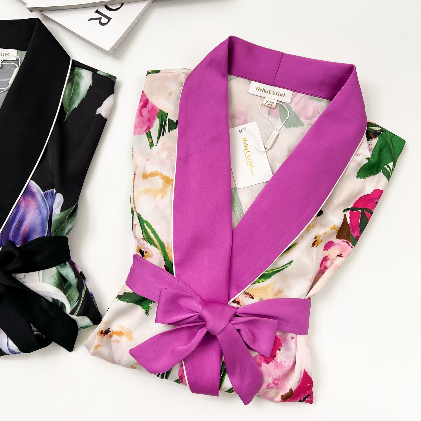 Pink Flower Print Purple Silky Satin Robe With Belt - Concordia Style Boutique