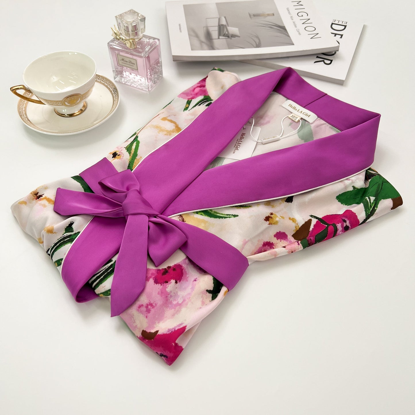 Pink Flower Print Purple Silky Satin Robe With Belt - Concordia Style Boutique