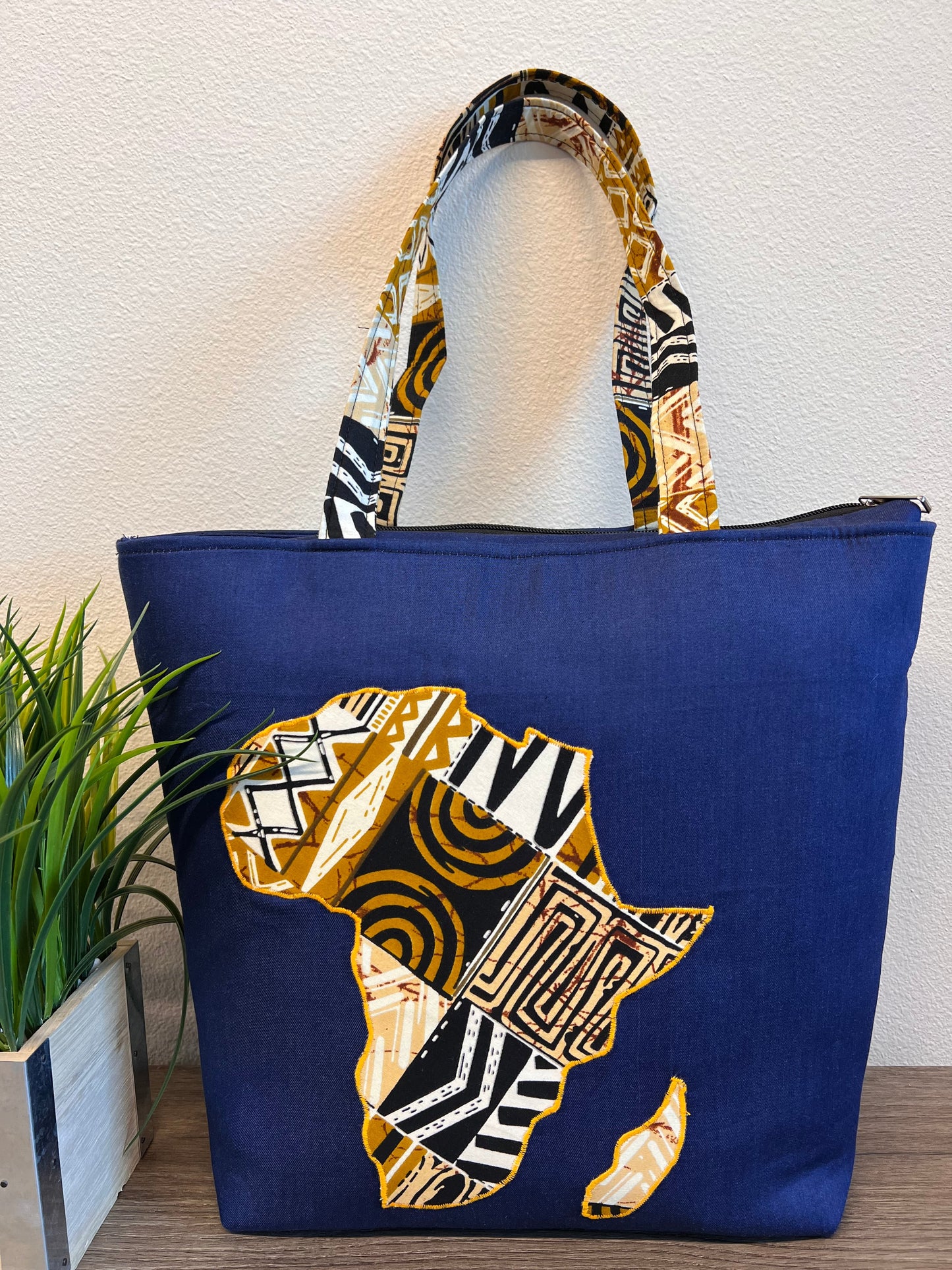Denim African Map Tote Bag