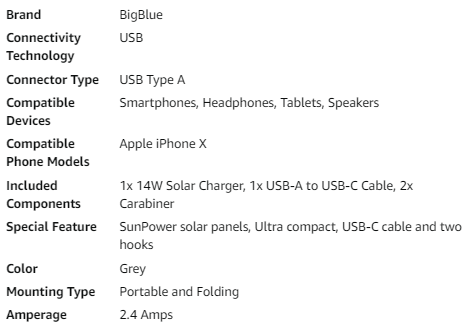 Tiny Solar Charger - BigBlue -14W - SunPower Solar Panels with USB-A Port (5V/2.4A Max), IPX4 Waterproof, Portable Solar Phone Charger - Compatible with iPhone X/8/7, Tablet, Samsung, LG, etc - Concordia Style Boutique