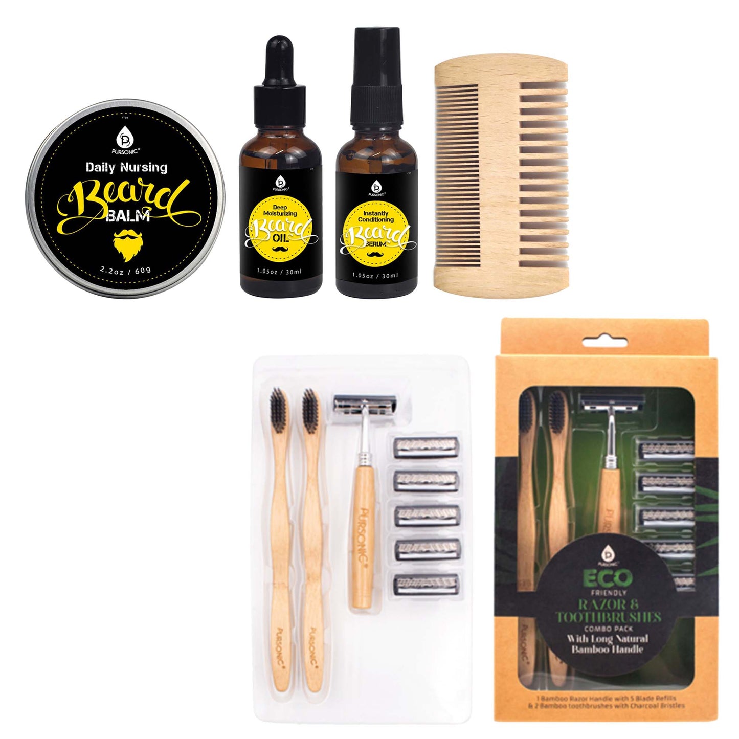 Pursonic Beard Care Grooming Kit & Eco Friendly Razor + Toothbrushes Combo Pack - Concordia Style Boutique