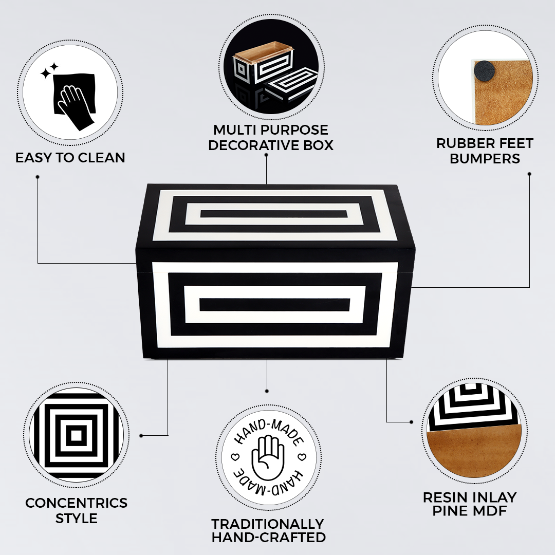 Decorative Storage Box Medley Concentrics Resin Inlay in 8 Sizes, Black & White - Concordia Style Boutique