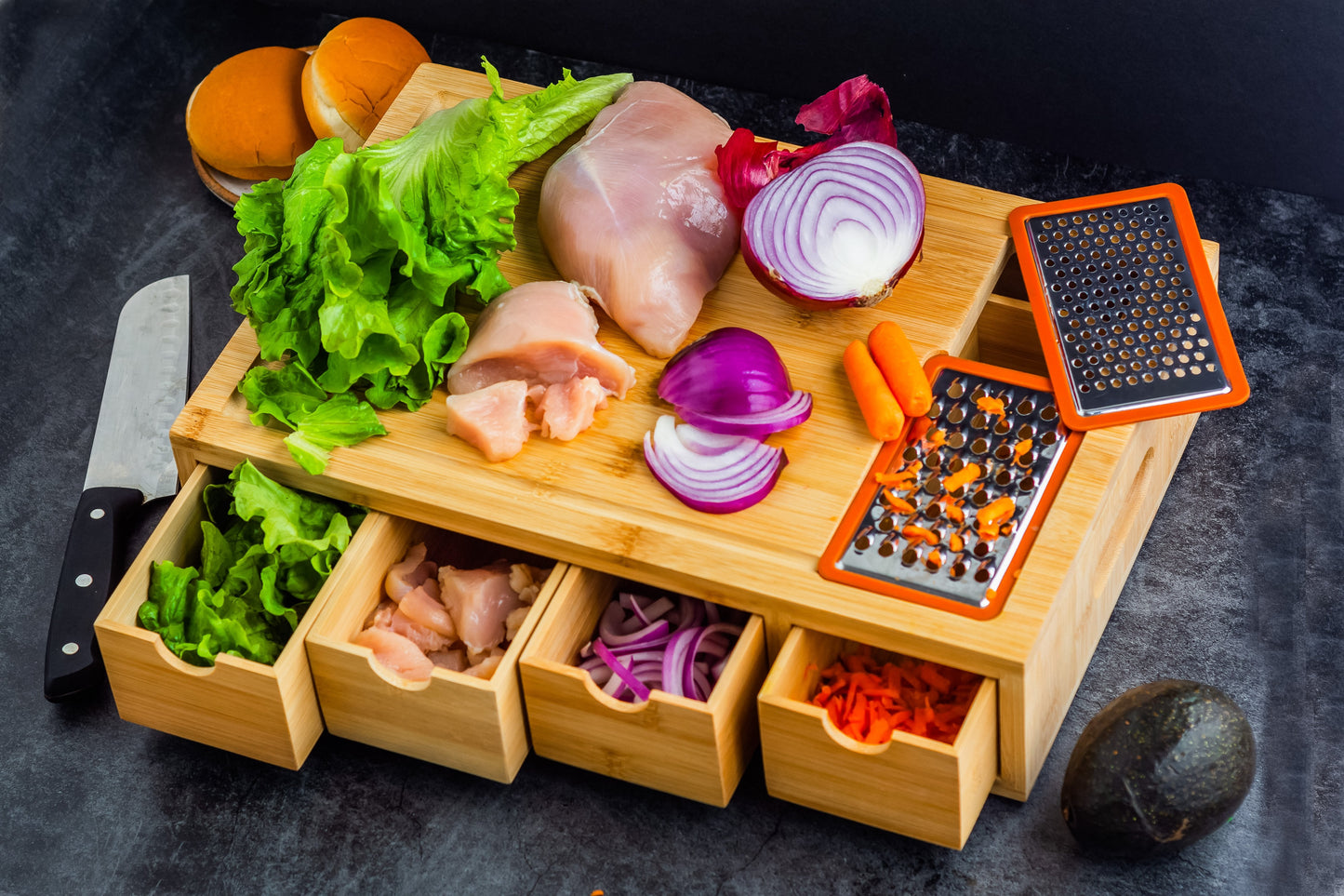 Bamboo Cutting Board with 4 Organizing Trays and 2 Graters - Concordia Style Boutique