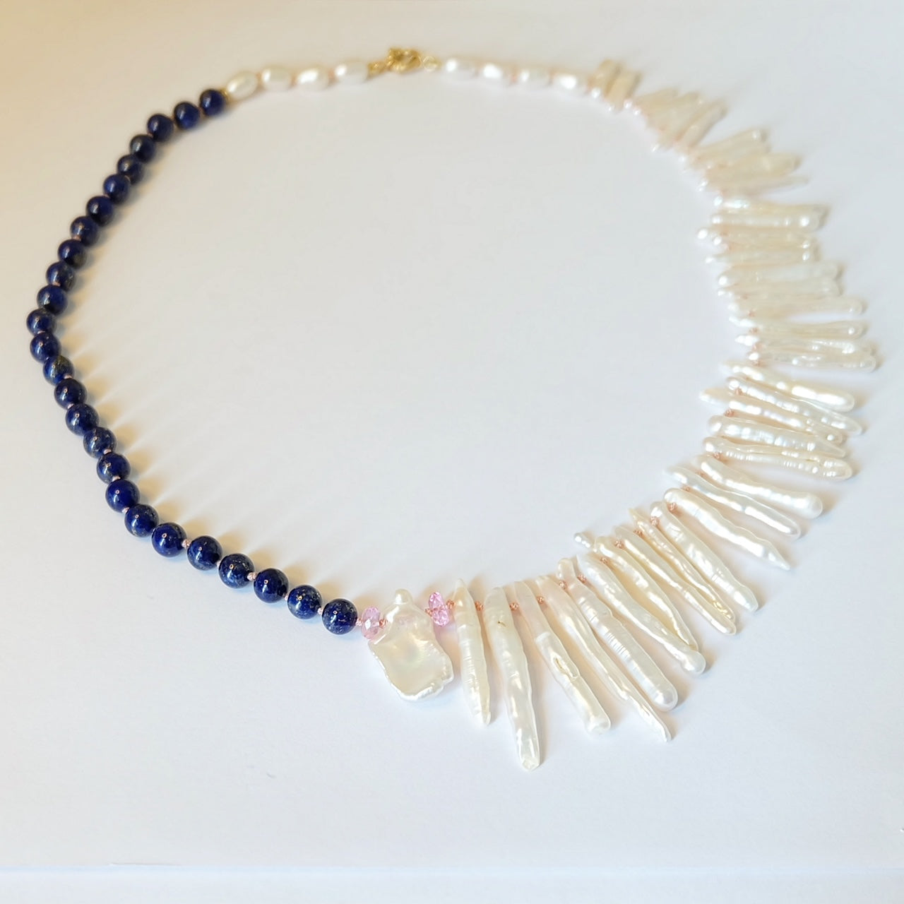 14K Gold Biwa Pearl, Pink Topaz, Lapis Lazuli Necklace