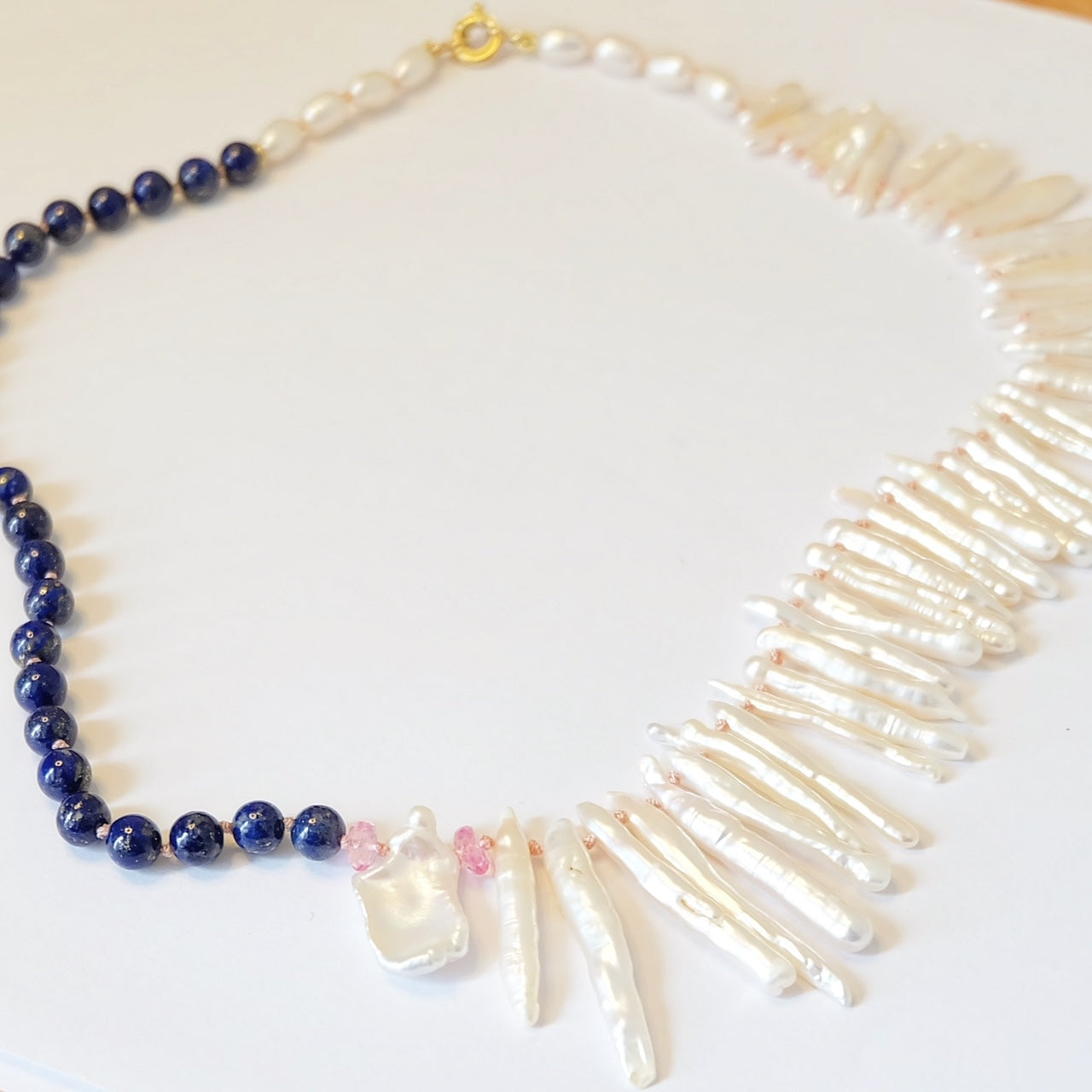 14K Gold Biwa Pearl, Pink Topaz, Lapis Lazuli Necklace