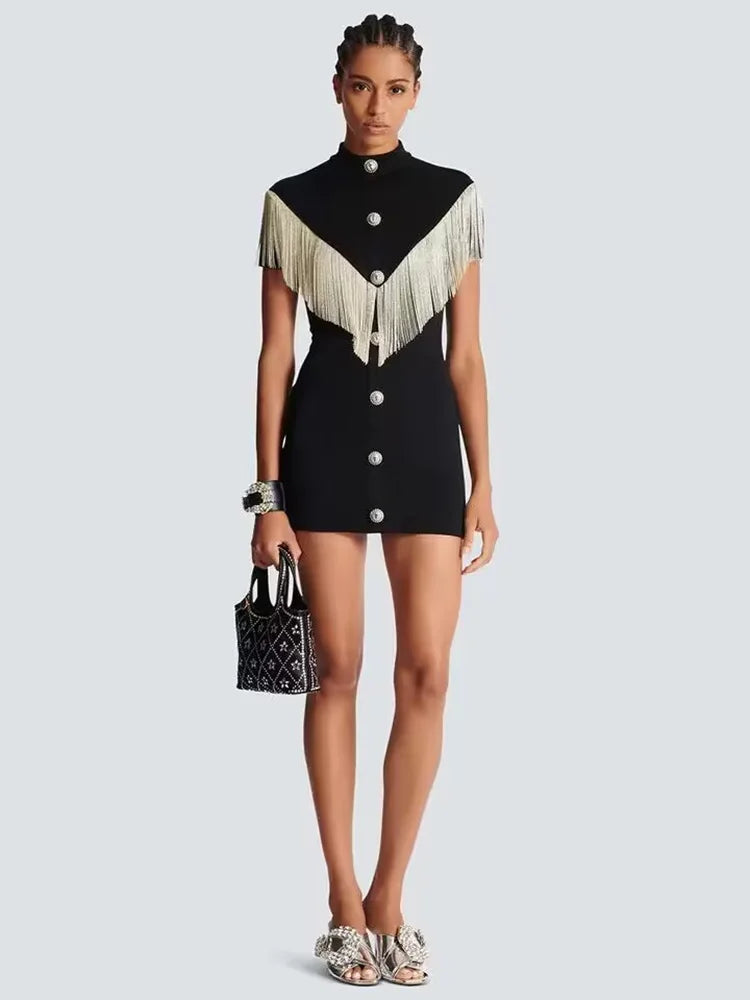 Black Mini Bodycon Dress with Button Tassel For Women, Meatpacking District, BYMANYC New York.