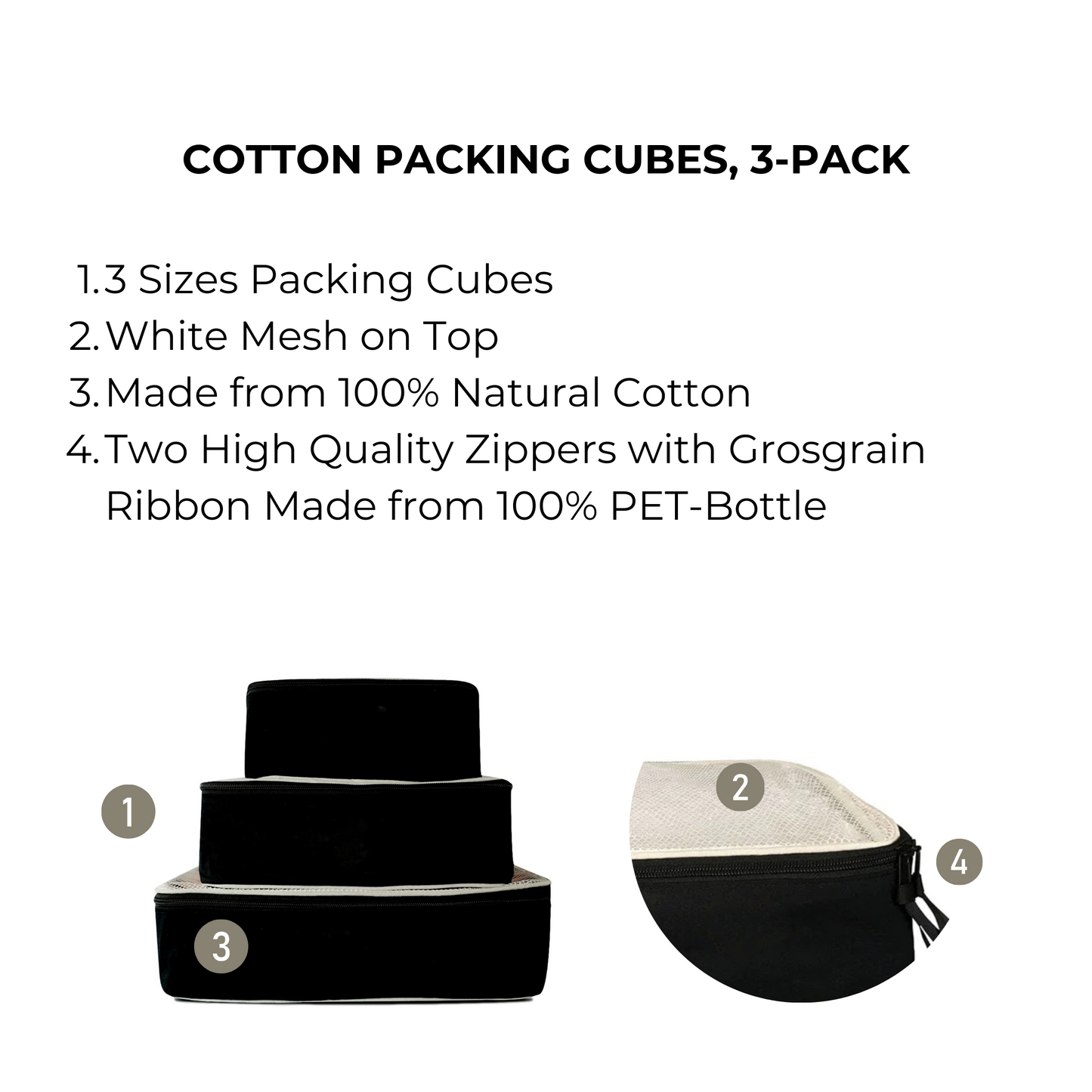 Cotton Packing Cubes, 3-pack Black - Concordia Style Boutique
