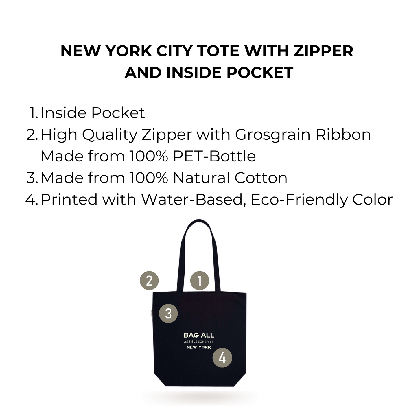 New York City Tote with Zipper and Inside Pocket, Black - Concordia Style Boutique