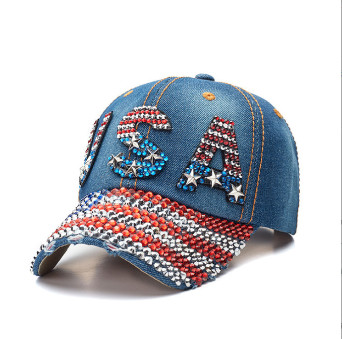 American Flag Baseball Cap - Denim Distressed Rhinestone Design (Navy Blue) - Concordia Style Boutique