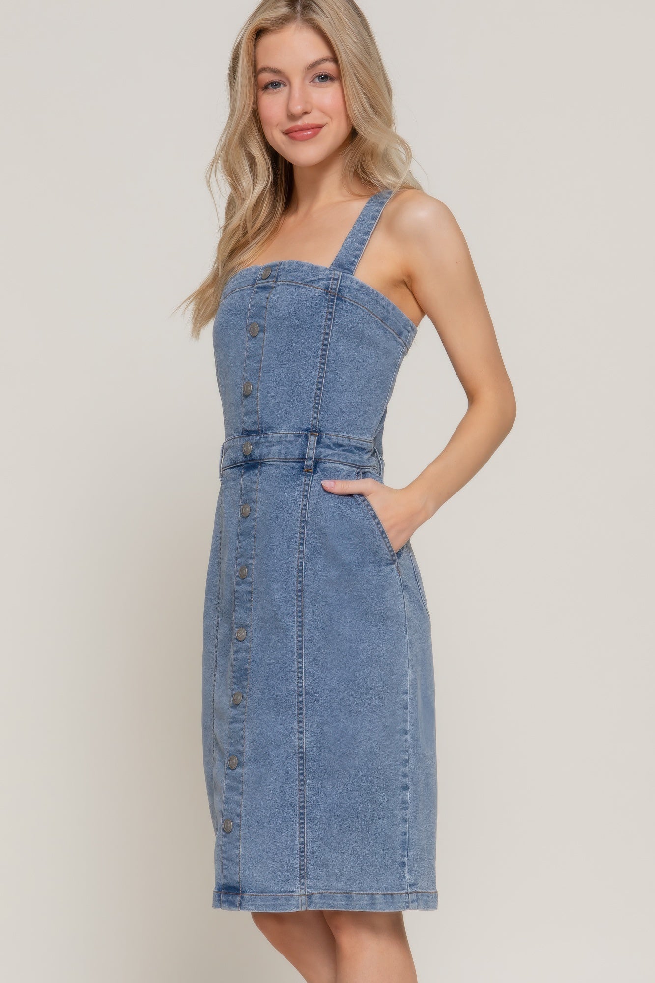 Button Down Placket Stretch Denim Dress - Concordia Style Boutique
