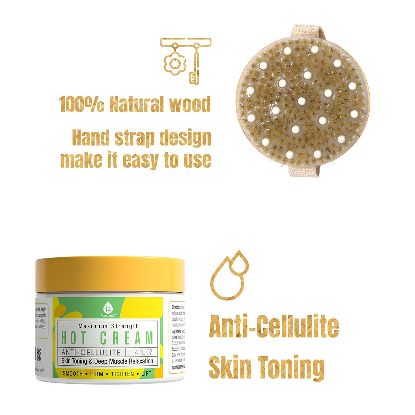Pursonic Anti Cellulite & Muscle Relaxation Hot Cream with Bath Brush and Rubber Massager - Lotus Wooden Handle - Concordia Style Boutique
