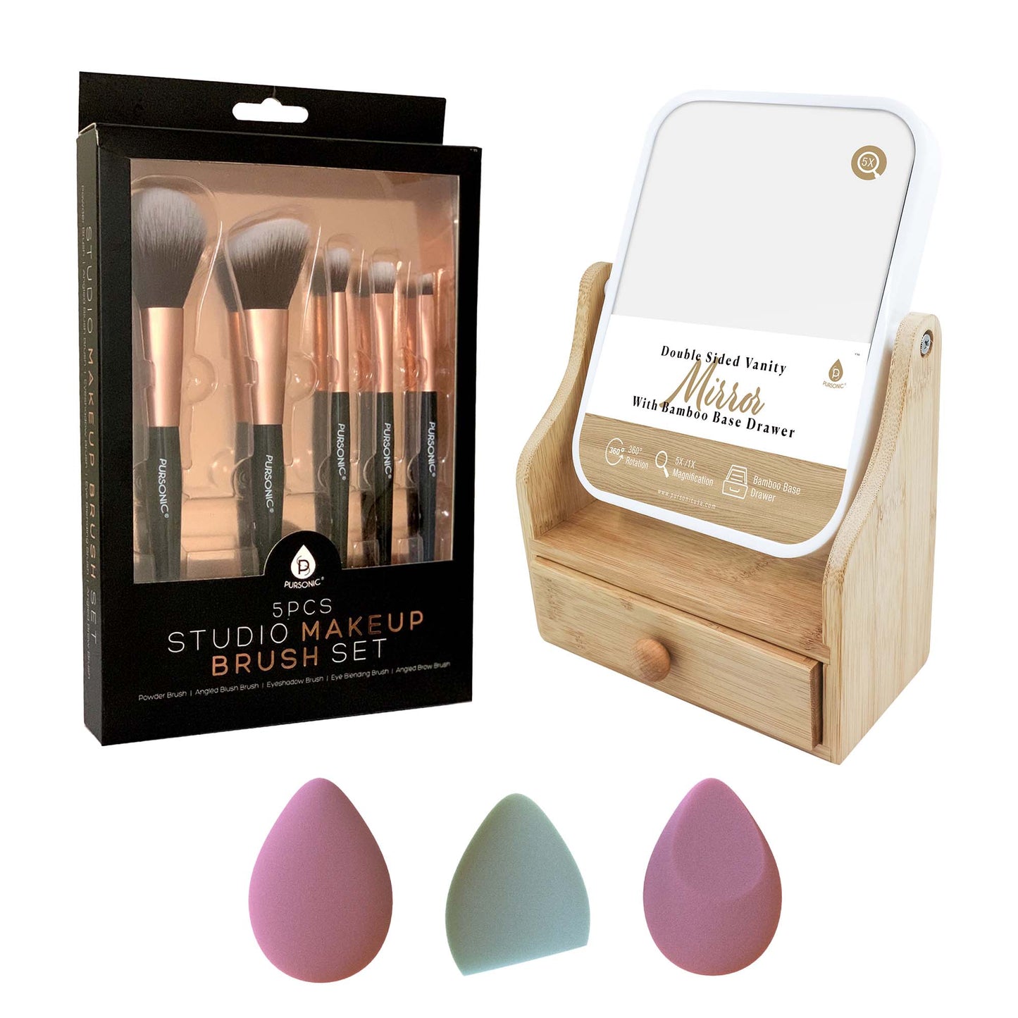 Pursonic Beauty Essentials Set – Studio Makeup Brush Set, Multi-Shape Sponges, and Dual-Sided Vanity Mirror with Bamboo Base - Concordia Style Boutique