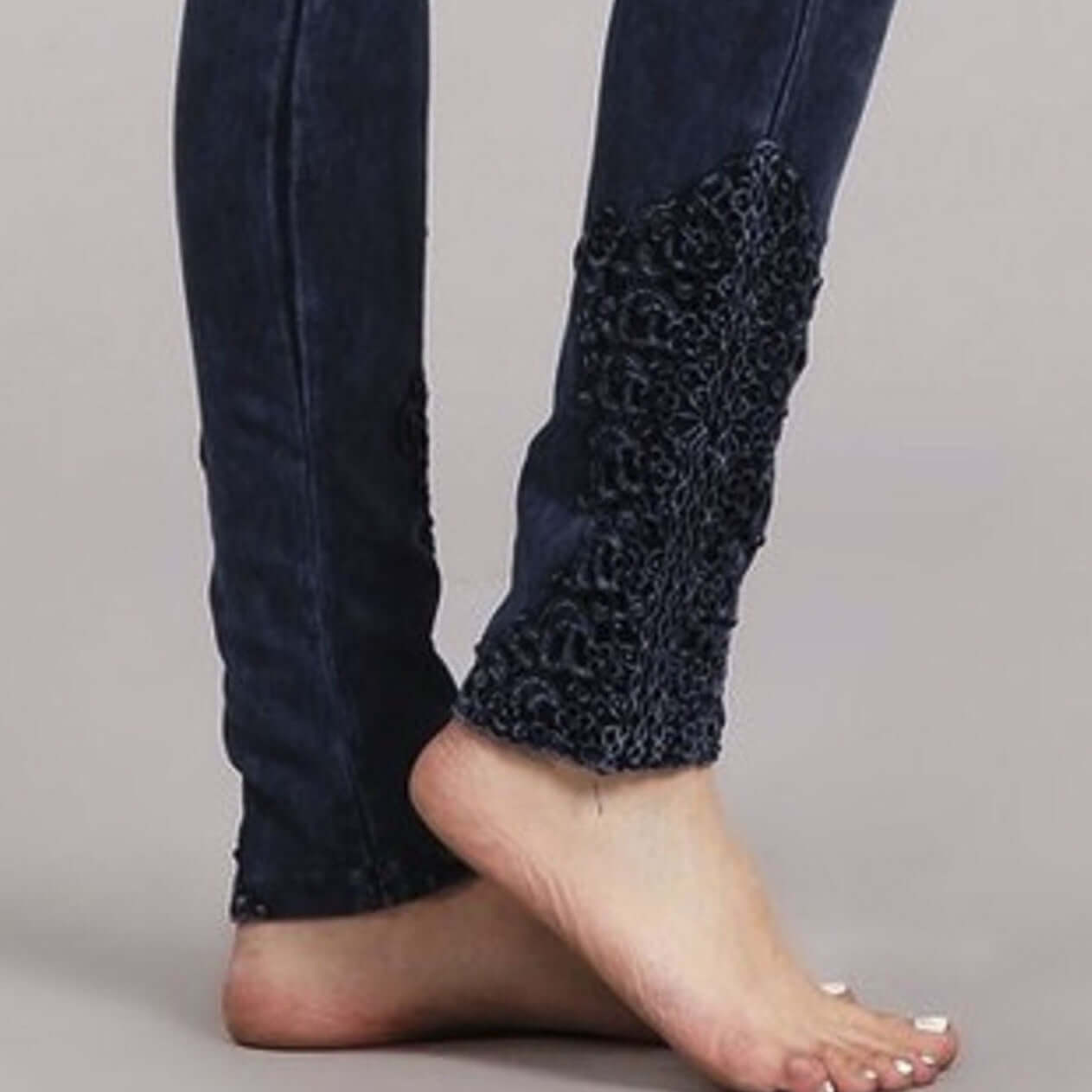 Mineral Washed Jeggings Crochet Ankle Detail Made in USA - Concordia Style Boutique