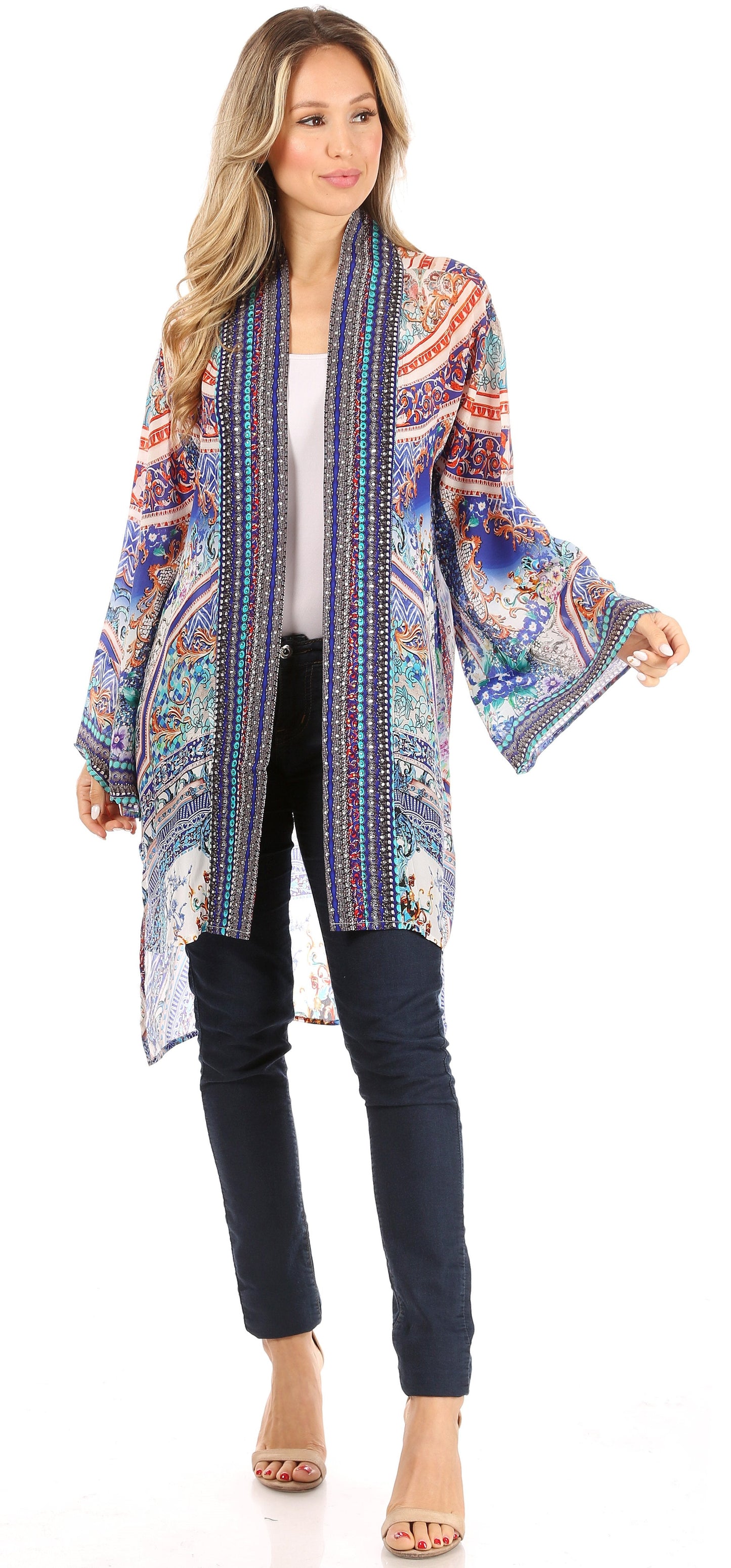 Sakkas Aremi Women Floral Printed Open Front Cardigan Top Boho Casual Short Sleeve - Concordia Style Boutique
