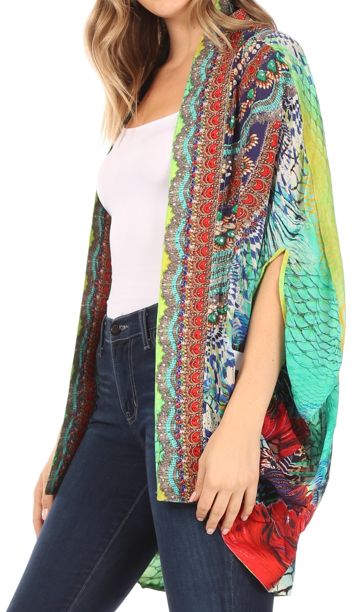 Sakkas Jenna Women's Casual Boho Sheer Kimono Loose Cardigan Cape Trendy Printed - Concordia Style Boutique