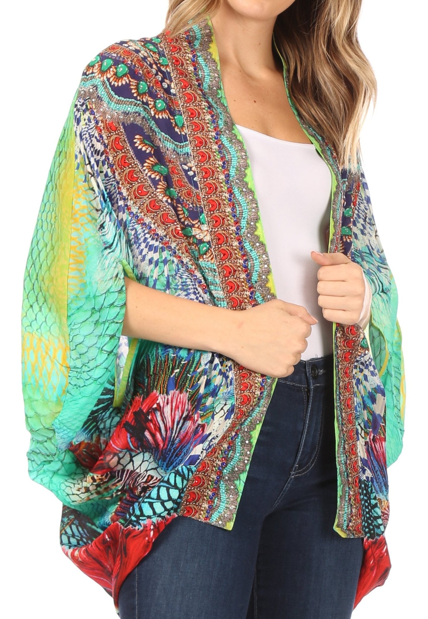 Sakkas Jenna Women's Casual Boho Sheer Kimono Loose Cardigan Cape Trendy Printed - Concordia Style Boutique