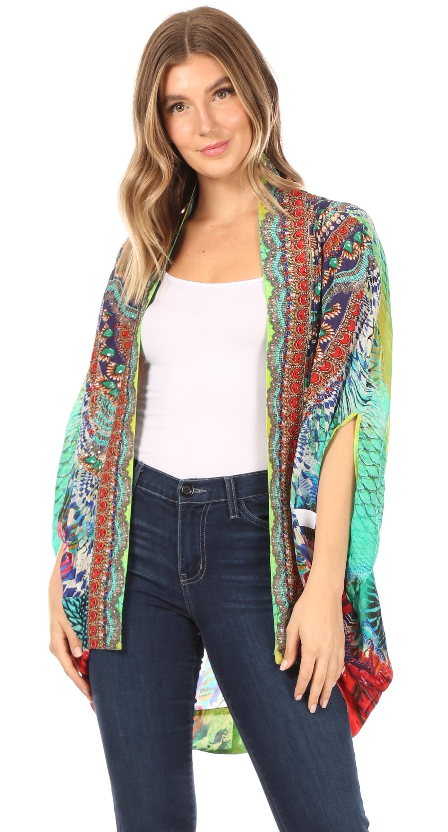 Sakkas Jenna Women's Casual Boho Sheer Kimono Loose Cardigan Cape Trendy Printed - Concordia Style Boutique