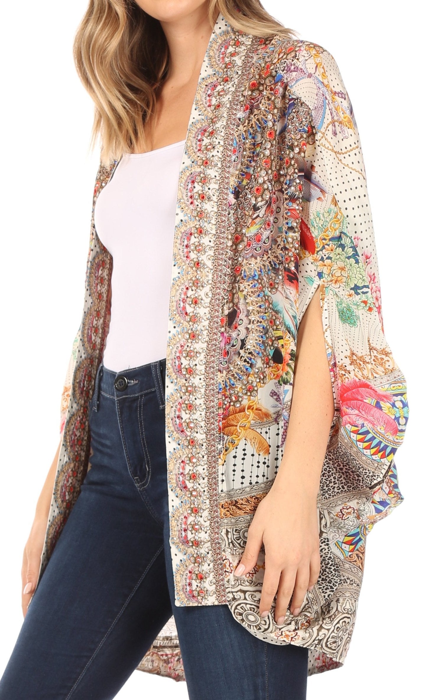 Sakkas Jenna Women's Casual Boho Sheer Kimono Loose Cardigan Cape Trendy Printed - Concordia Style Boutique