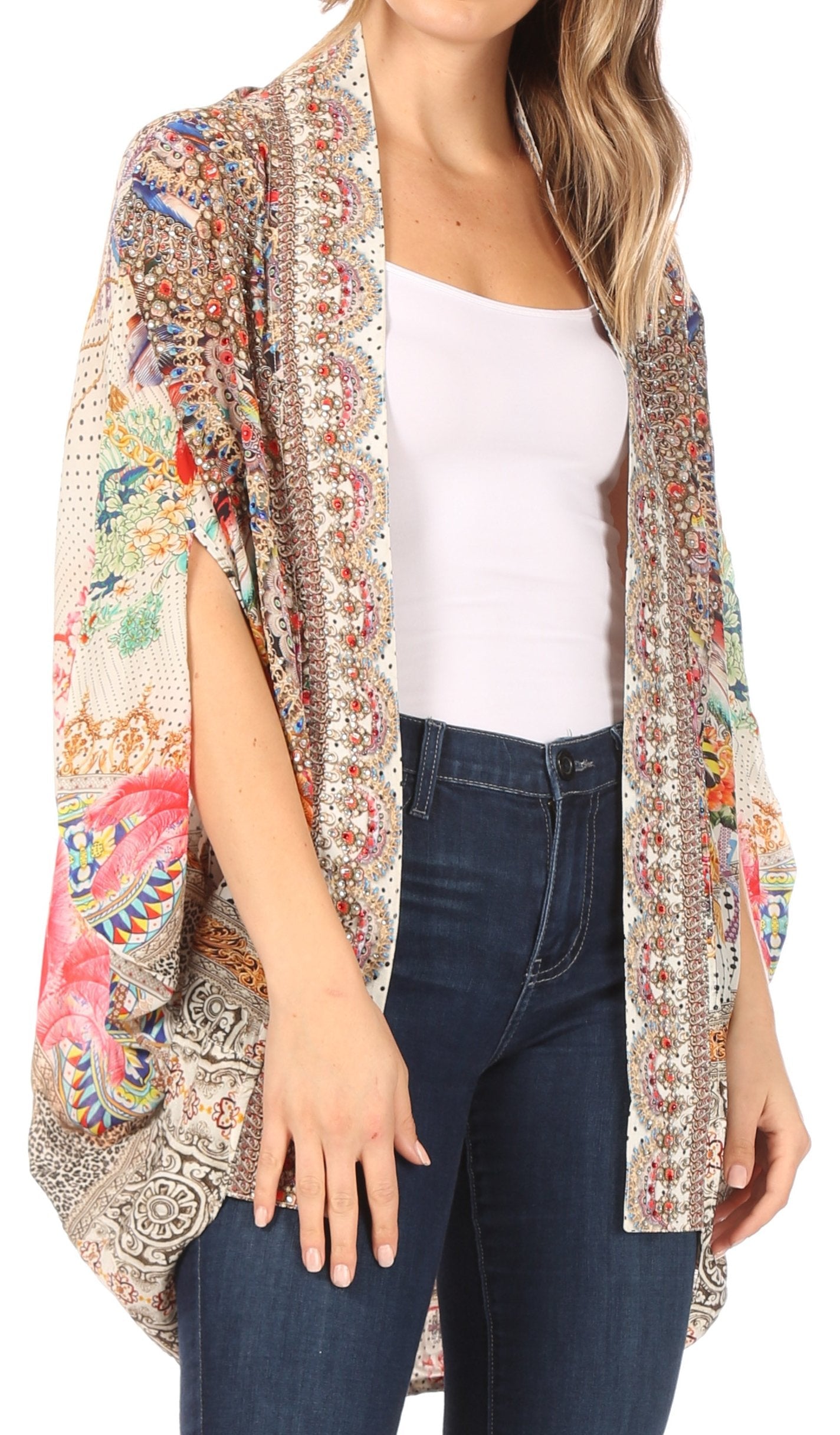 Sakkas Jenna Women's Casual Boho Sheer Kimono Loose Cardigan Cape Trendy Printed - Concordia Style Boutique