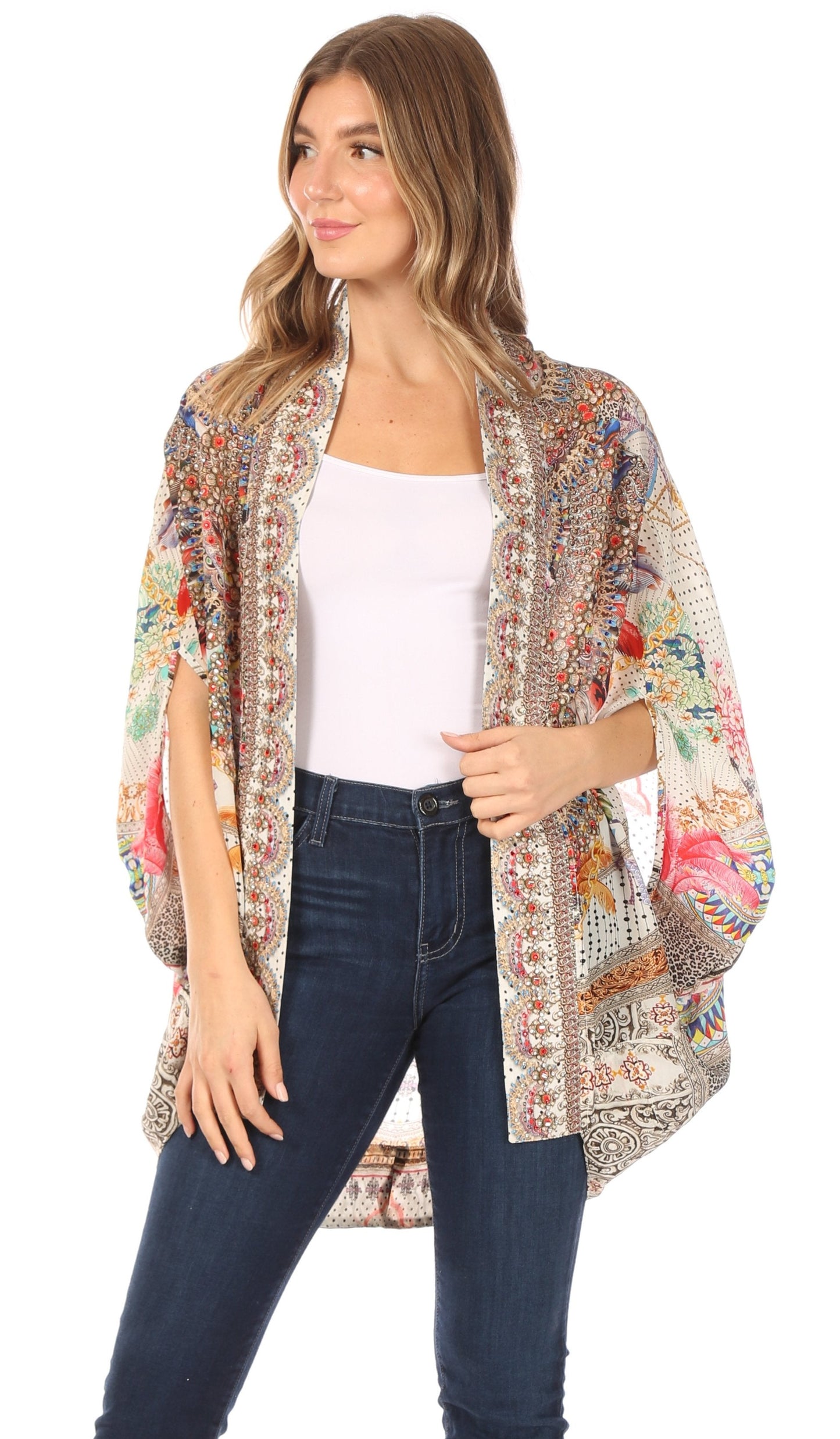 Sakkas Jenna Women's Casual Boho Sheer Kimono Loose Cardigan Cape Trendy Printed - Concordia Style Boutique