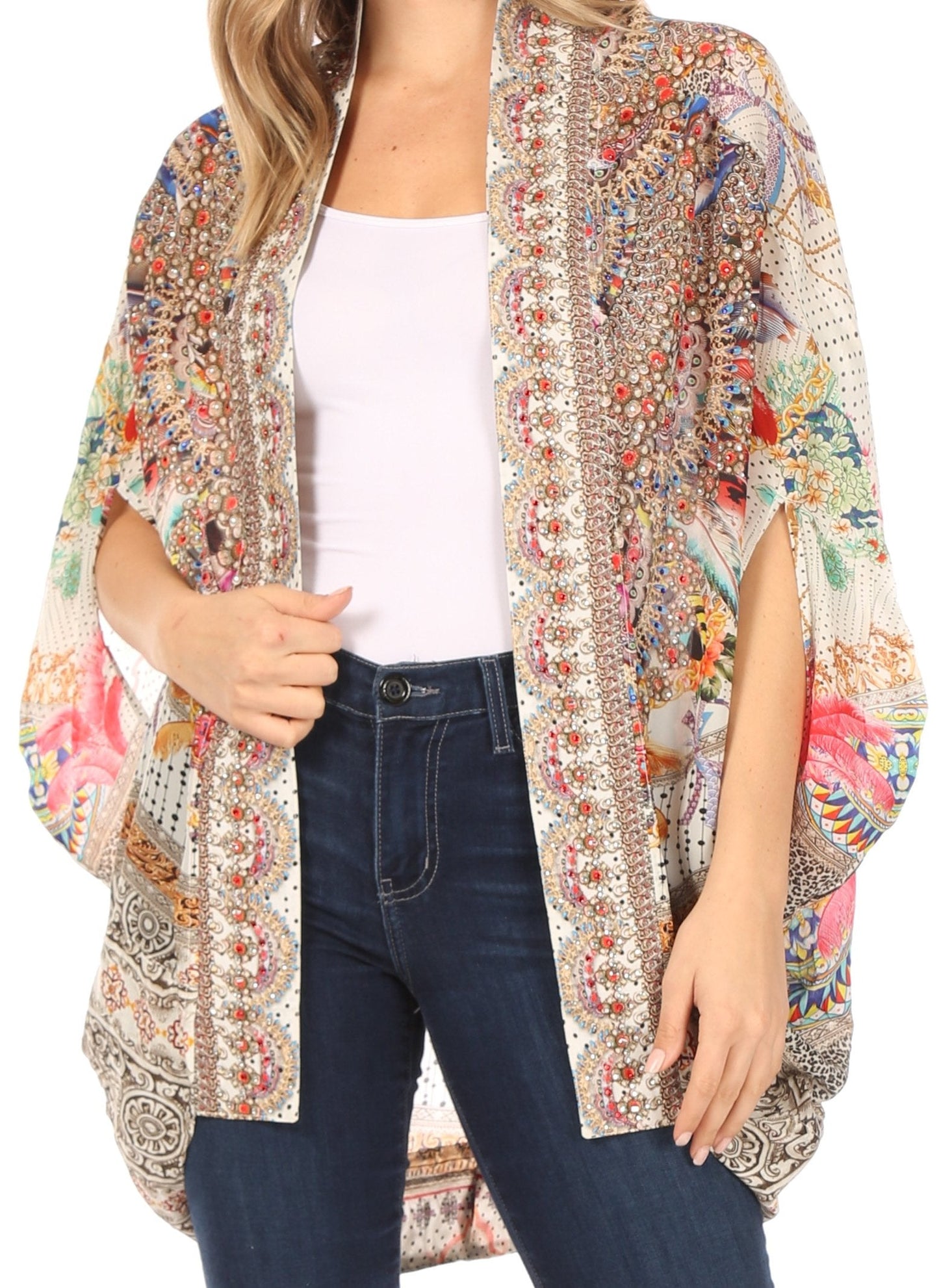 Sakkas Jenna Women's Casual Boho Sheer Kimono Loose Cardigan Cape Trendy Printed - Concordia Style Boutique