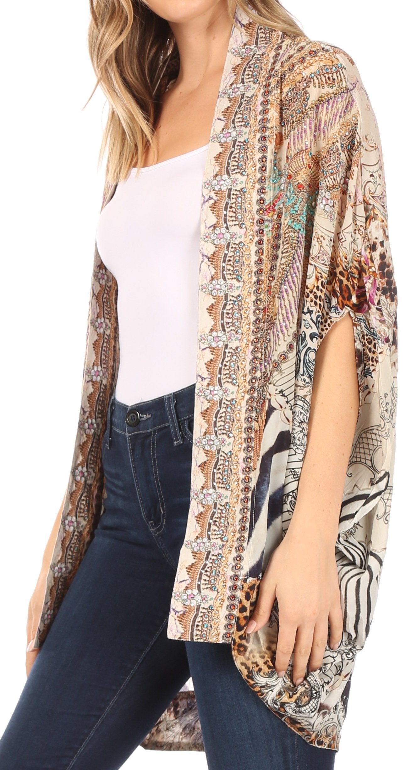 Sakkas Jenna Women's Casual Boho Sheer Kimono Loose Cardigan Cape Trendy Printed - Concordia Style Boutique