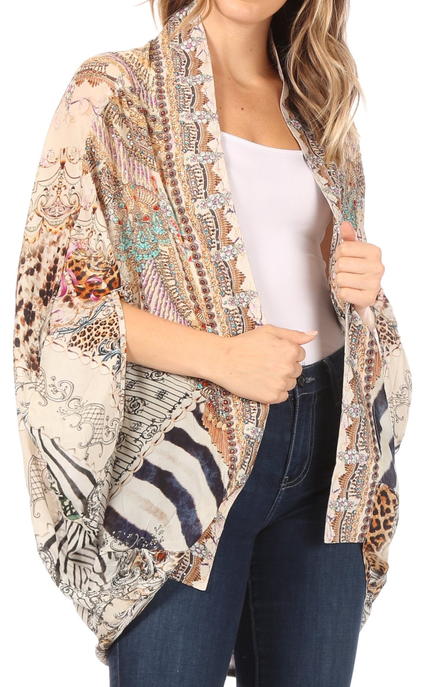 Sakkas Jenna Women's Casual Boho Sheer Kimono Loose Cardigan Cape Trendy Printed - Concordia Style Boutique