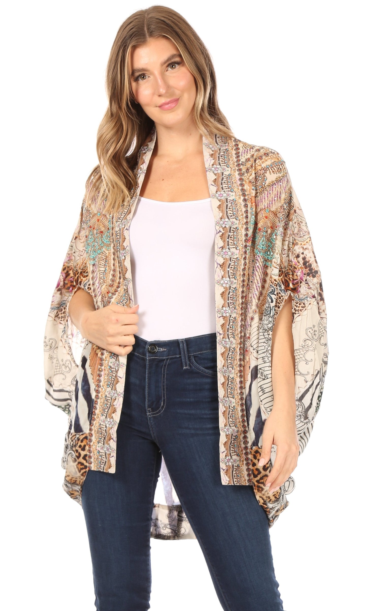 Sakkas Jenna Women's Casual Boho Sheer Kimono Loose Cardigan Cape Trendy Printed - Concordia Style Boutique