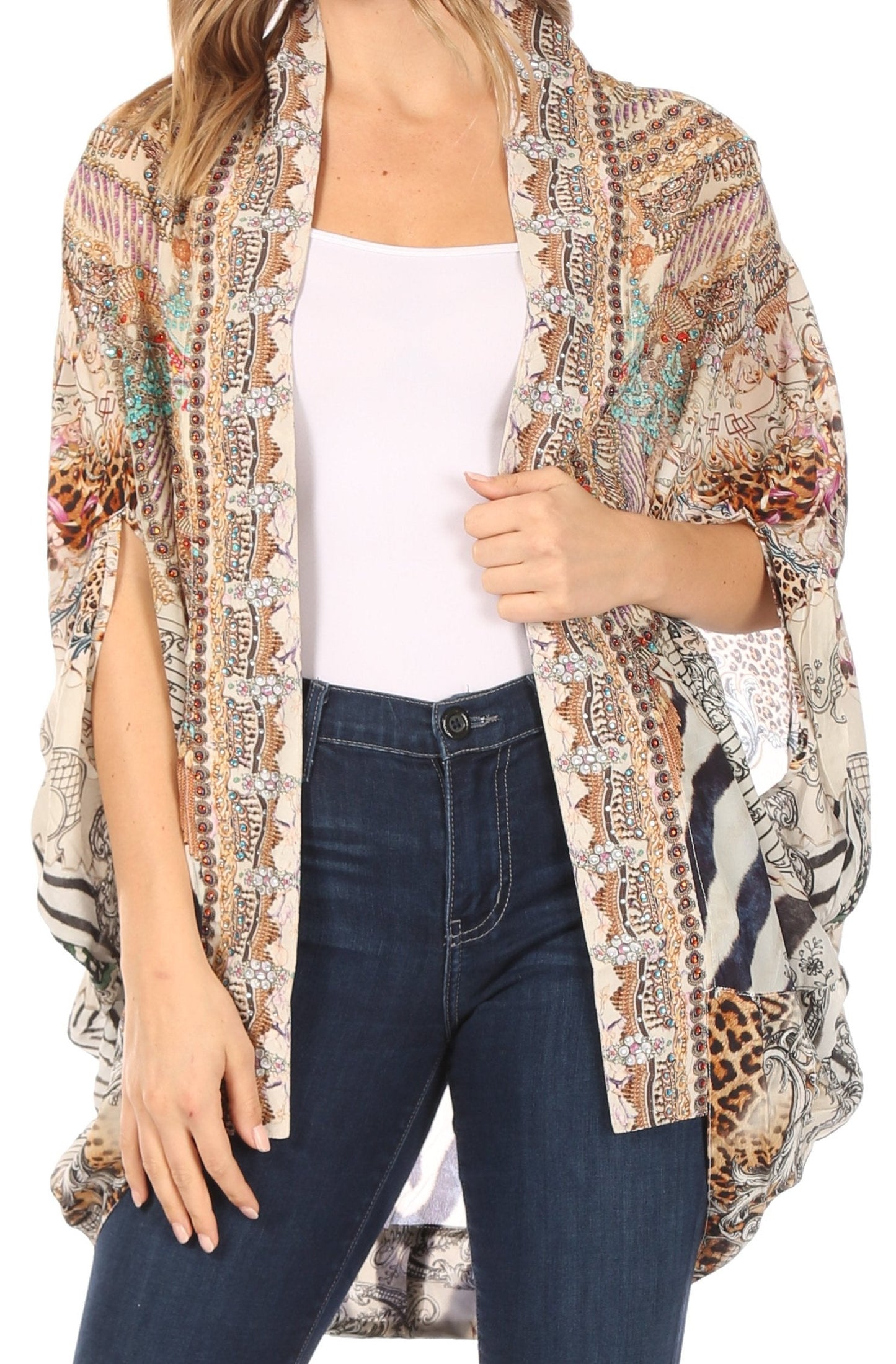Sakkas Jenna Women's Casual Boho Sheer Kimono Loose Cardigan Cape Trendy Printed - Concordia Style Boutique