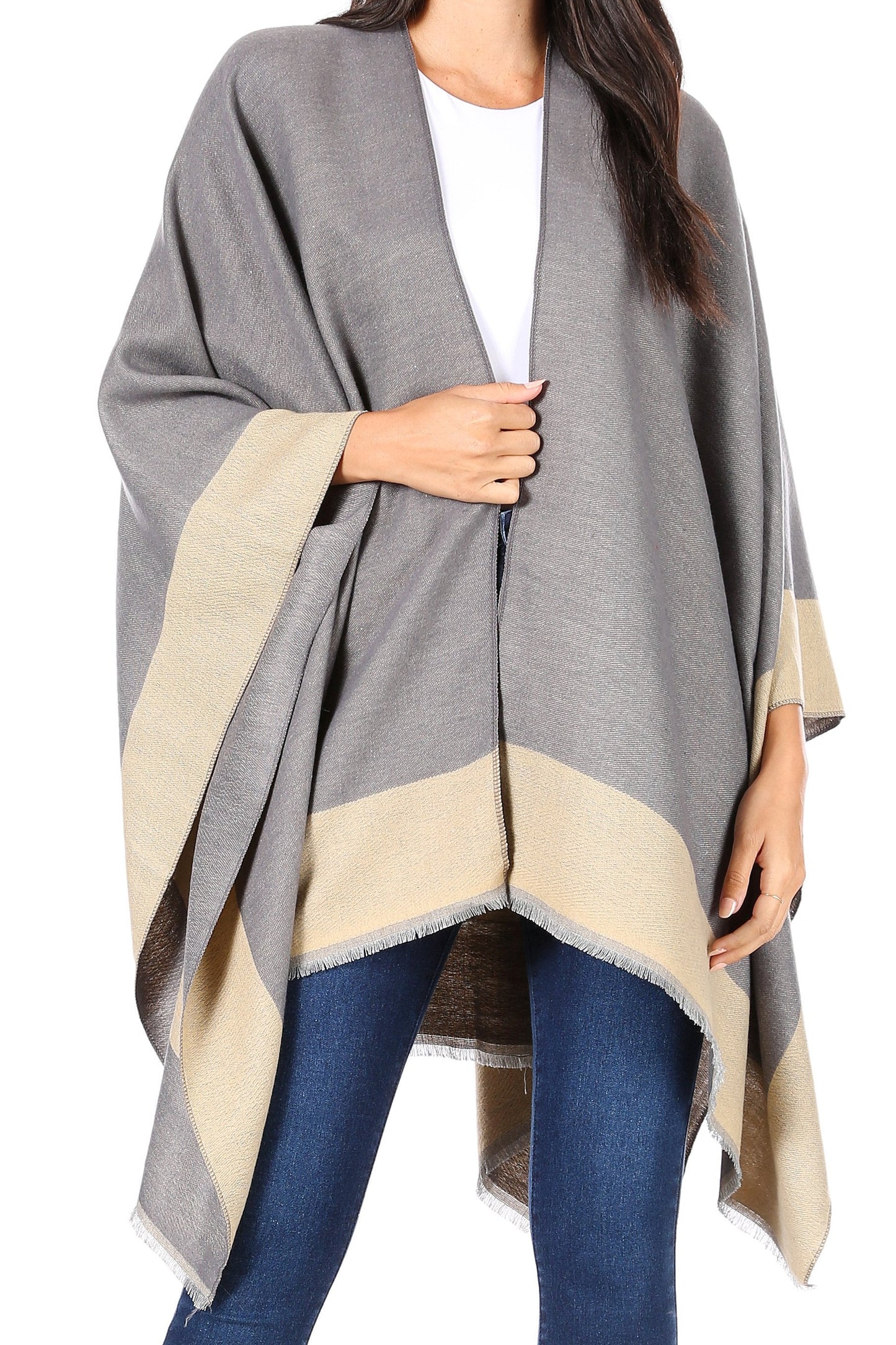 Sakkas Nila Women's Reversible Open Front Large Poncho Shawl Wrap Scarf Cape Ruana - Concordia Style Boutique