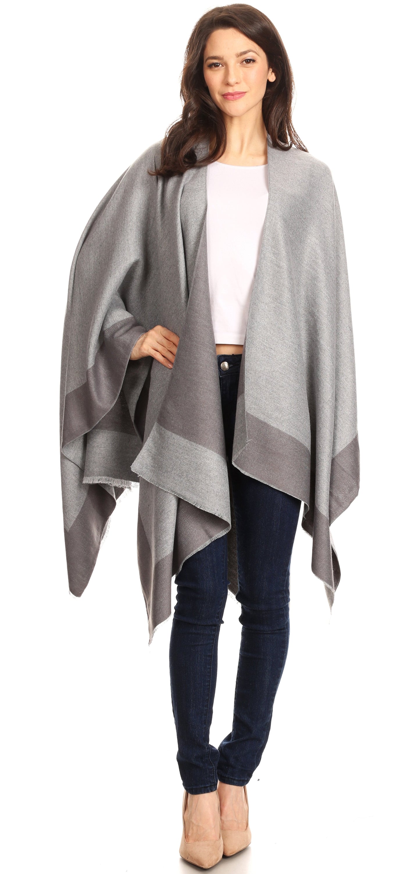 Sakkas Nila Women's Reversible Open Front Large Poncho Shawl Wrap Scarf Cape Ruana - Concordia Style Boutique