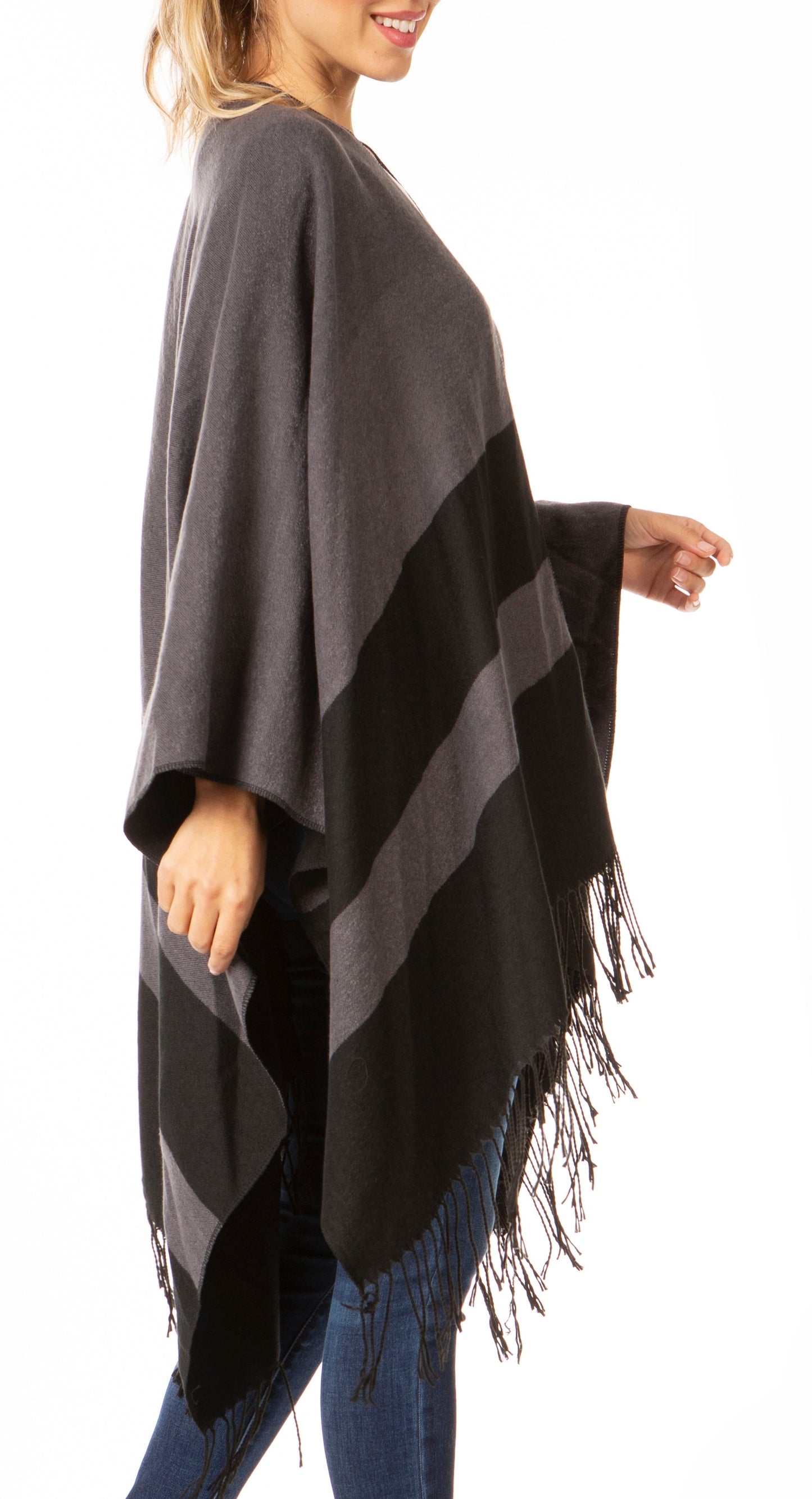 Sakkas Avi Women's Reversible Open Front Poncho Cardigan Ruana Cape Shawl W/Fringe - Concordia Style Boutique